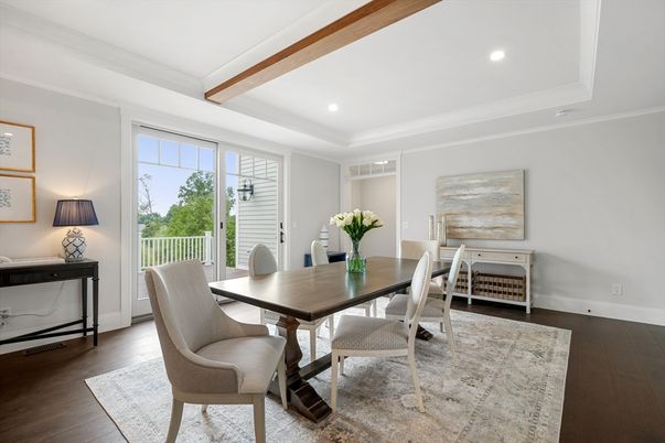 Dining room, Interior, Recessed Lighting, Wooden Beams, Wood Texture Flooring