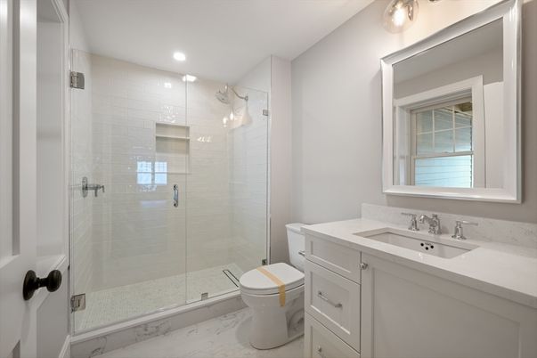 Bathroom, Glass Shower, Interior, Marble, Recessed Lighting