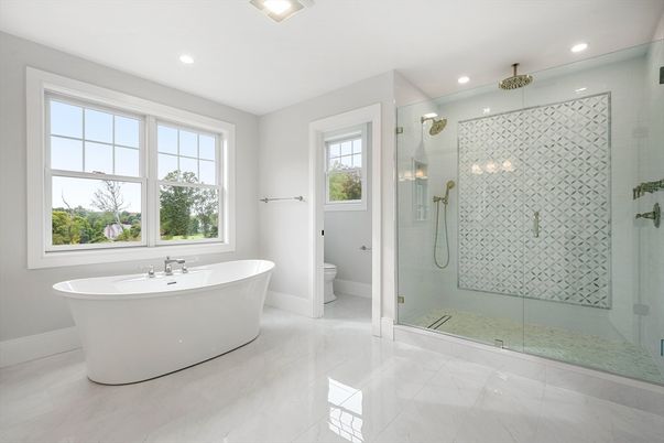 Bathroom, Free Standing Baths, Glass Shower, Interior, Marble, Recessed Lighting