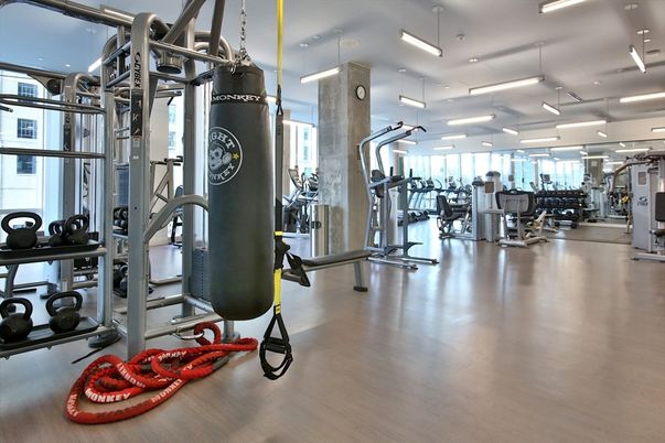 Fitness Equipment, Gym, Interior, Recessed Lighting, Wood Texture Flooring