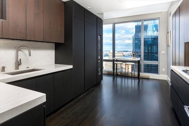 Interior, Kitchen, Marble Walls, Recessed Lighting, Water, Wood Texture Flooring