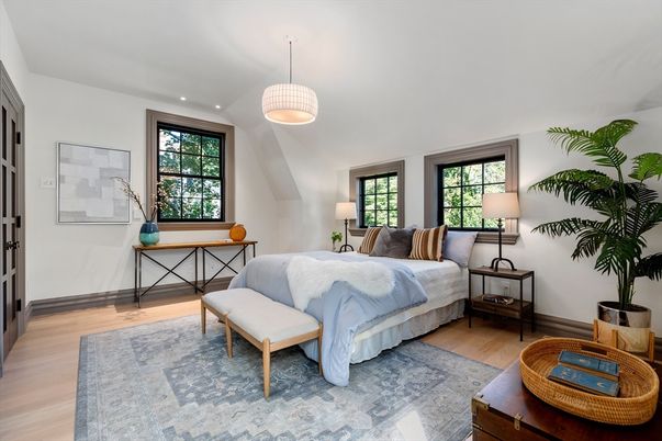 Bedroom, Interior, Pendant Lights, Wood Texture Flooring