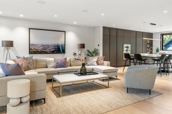 Dining room, Interior, Living room, Pendant Lights, Recessed Lighting, Wood Texture Flooring