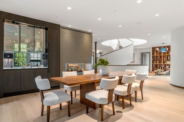 Dining room, Fireplace, Interior, Recessed Lighting, Wood Texture Flooring