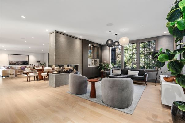 Fireplace, Interior, Living room, Pendant Lights, Recessed Lighting, Wood Texture Flooring