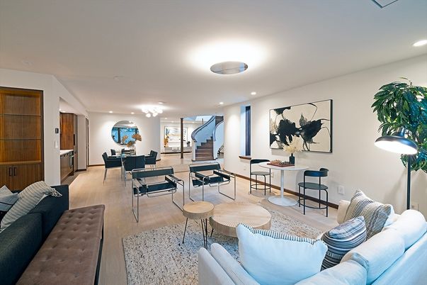 Dining room, Interior, Living room, Recessed Lighting, Wood Texture Flooring
