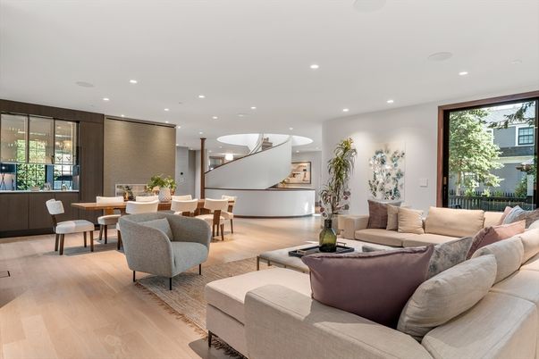 Dining room, Interior, Living room, Recessed Lighting, Wood Texture Flooring