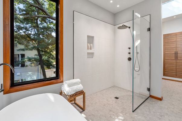Bathroom, Free Standing Baths, Glass Shower, Interior, Recessed Lighting