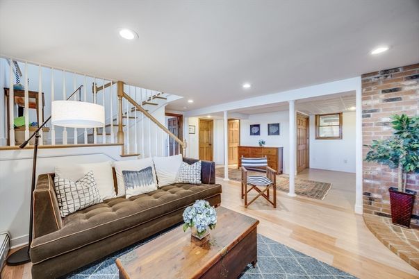 Interior, Living room, Recessed Lighting, Stone Walls, Wood Texture Flooring