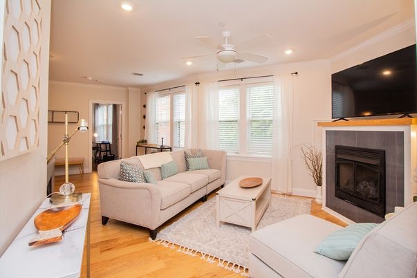 Fireplace, Interior, Living room, Recessed Lighting, Wood Texture Flooring