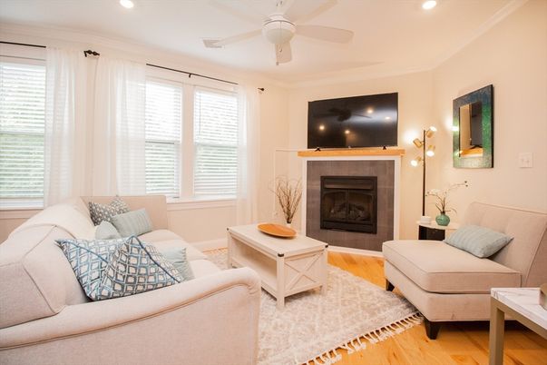 Fireplace, Interior, Living room, Recessed Lighting, Wood Texture Flooring