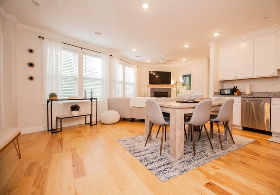 Dining room, Fireplace, Interior, Kitchen, Living room, Recessed Lighting, Wood Texture Flooring