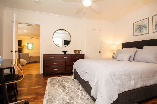 Bedroom, Interior, Recessed Lighting, Wood Texture Flooring