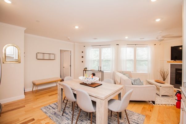Dining room, Fireplace, Interior, Living room, Recessed Lighting, Wood Texture Flooring