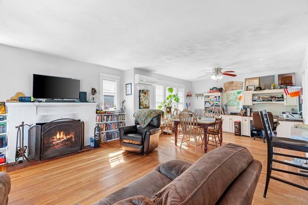 Dining room, Fireplace, Interior, Living room, Wood Texture Flooring