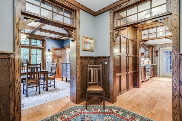 Dining room, Interior, Pendant Lights, Recessed Lighting, Wooden Beams, Wood Texture Flooring
