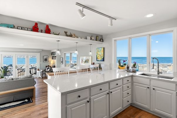 Dining room, Interior, Kitchen, Pendant Lights, Recessed Lighting, Water, Wood Texture Flooring