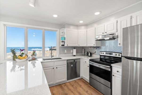 Interior, Kitchen, Recessed Lighting, Stainless Steel Appliances, Water, Wood Texture Flooring