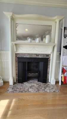 Fireplace, Interior, Recessed Lighting, Wood Texture Flooring