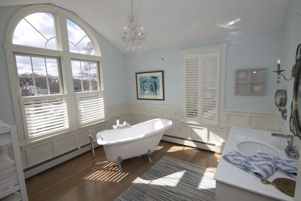 Bathroom, Chandelier, Free Standing Baths, Interior, Wood Texture Flooring