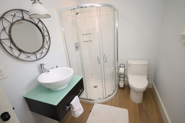 Bathroom, Glass Shower, Interior, Wood Texture Flooring