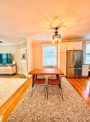 Dining room, Interior, Kitchen, Pendant Lights, Stainless Steel Appliances, Wood Texture Flooring