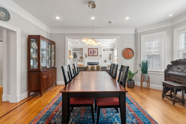 Dining room, Fireplace, Interior, Pendant Lights, Piano, Recessed Lighting, Wood Texture Flooring
