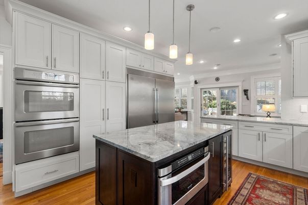 Interior, Kitchen, Pendant Lights, Recessed Lighting, Stainless Steel Appliances, Wood Texture Flooring
