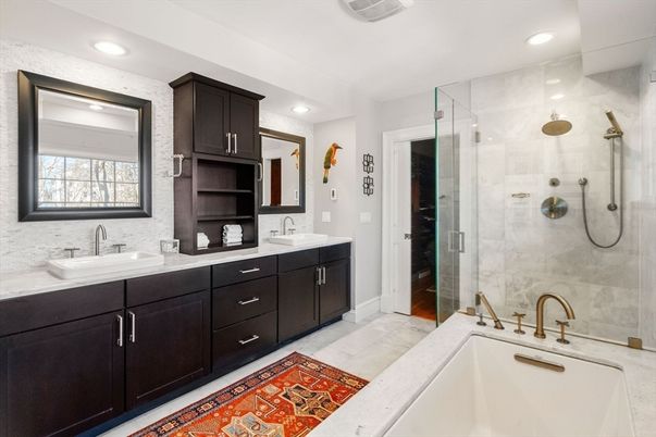 Bathroom, Dual Sink Vanities, Glass Shower, Interior, Marble, Recessed Lighting