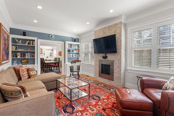 Dining room, Fireplace, Interior, Living room, Recessed Lighting, Stone Walls