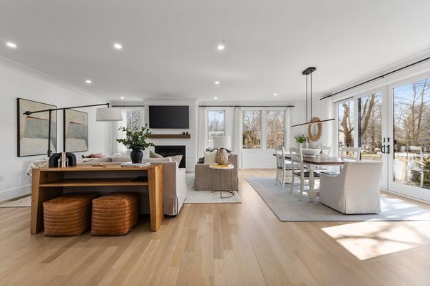 Dining room, Fireplace, Interior, Living room, Pendant Lights, Recessed Lighting, Wood Texture Flooring