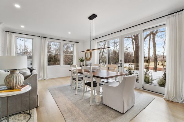 Dining room, Interior, Pendant Lights, Recessed Lighting, Wood Texture Flooring