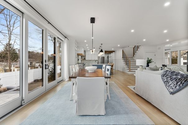 Dining room, Interior, Kitchen, Pendant Lights, Recessed Lighting, Wood Texture Flooring