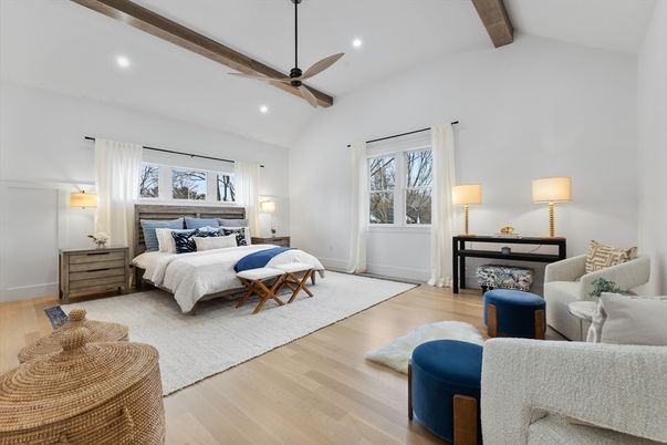 Bedroom, Interior, Recessed Lighting, Wooden Beams, Wood Texture Flooring