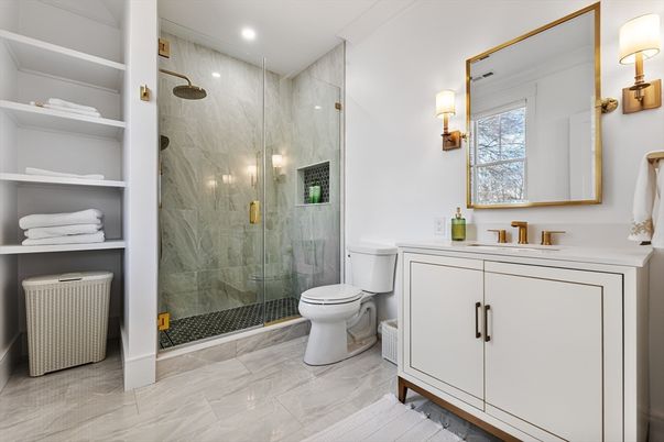 Bathroom, Glass Shower, Interior, Marble, Marble Walls, Recessed Lighting