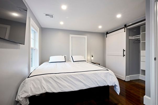 Bedroom, Interior, Recessed Lighting, Wood Texture Flooring