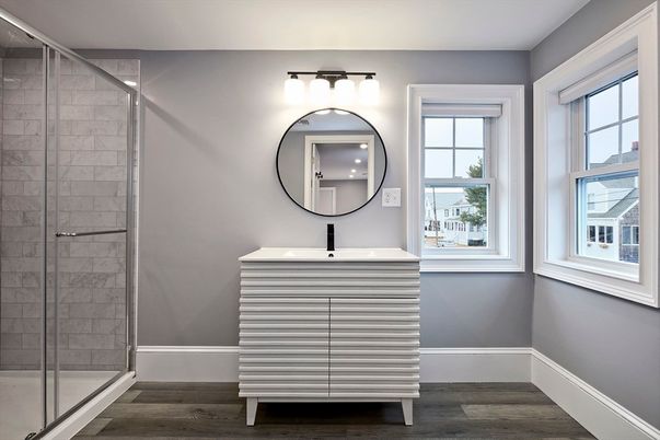 Bathroom, Glass Shower, Interior, Wood Texture Flooring