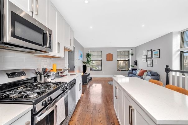 Interior, Kitchen, Living room, Recessed Lighting, Stainless Steel Appliances, Wood Texture Flooring