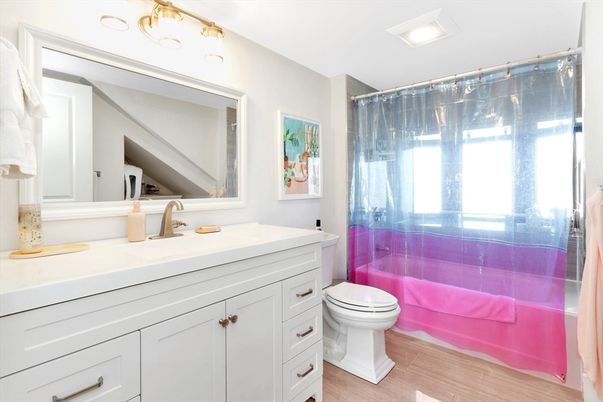Bathroom, Glass Shower, Interior, Recessed Lighting, Wood Texture Flooring