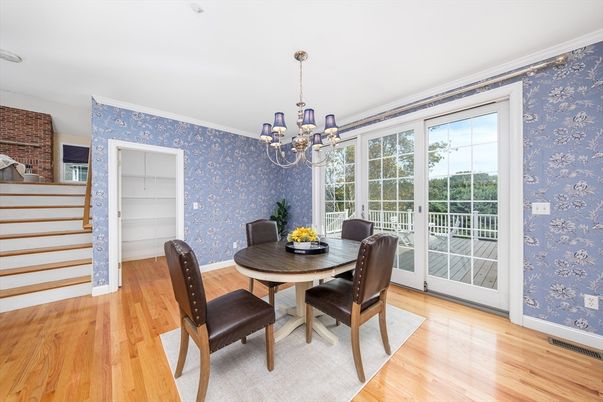 Chandelier, Dining room, Interior, Wood Texture Flooring