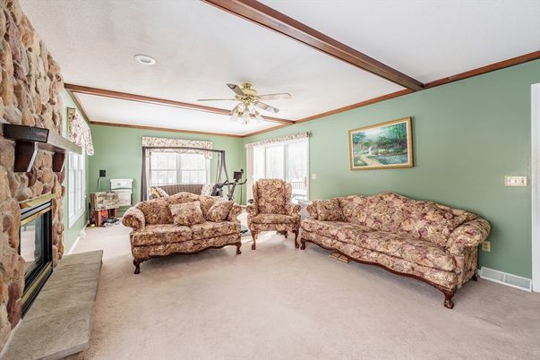 Fireplace, Interior, Living room, Recessed Lighting, Stone Walls