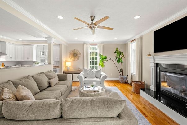 Fireplace, Interior, Living room, Recessed Lighting, Wood Texture Flooring