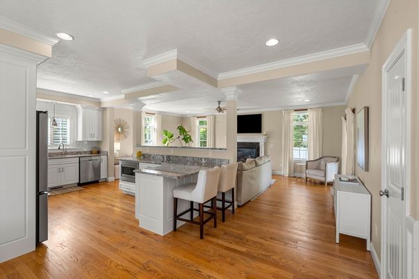 Fireplace, Interior, Kitchen, Living room, Recessed Lighting, Wood Texture Flooring