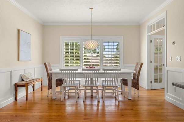Dining room, Interior, Pendant Lights, Wood Texture Flooring