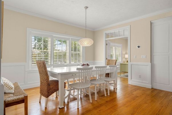 Dining room, Interior, Pendant Lights, Wood Texture Flooring