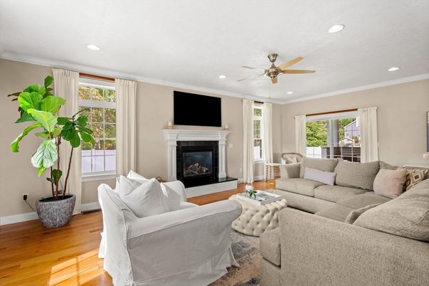 Fireplace, Interior, Living room, Recessed Lighting, Wood Texture Flooring