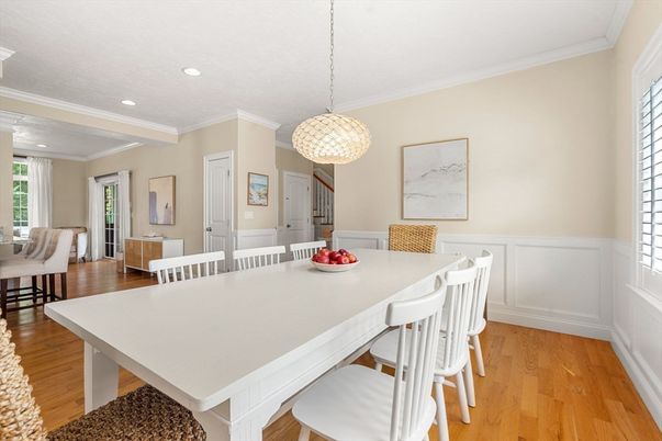 Dining room, Interior, Pendant Lights, Recessed Lighting, Wood Texture Flooring