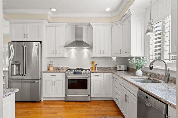 Interior, Kitchen, Pendant Lights, Recessed Lighting, Stainless Steel Appliances, Wood Texture Flooring