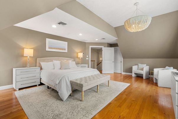 Bedroom, Interior, Recessed Lighting, Wood Texture Flooring