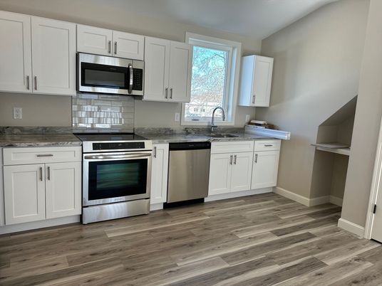 Interior, Kitchen, Stainless Steel Appliances, Wood Texture Flooring
